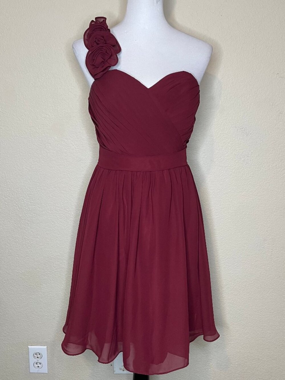 VINTAGE Romantigoth Burgundy Rosette Chiffon One Shoulder Asymmetric Dress 6 - Picture 3 of 15